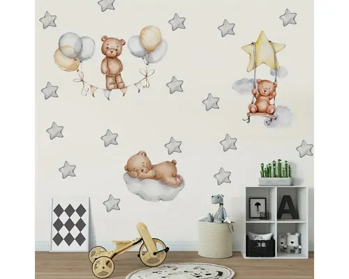 Montegoni Wandsticker 3 Baby Bären mit Sternenballons, Wandsticker für Kinderzimmer (Wandtattoo mit 3 Bären, Sternen und Luftballons für Kinderzimmer, Kreativer Wandaufkleber 3 Baby-Bären mit Sternenballons), wasserdichte, abnehmbare