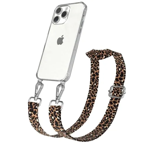 EAZY CASE Handykette - Verstellbares Taschenband kompatibel mit iPhone 15 Pro Max, Schulterriemen, Handykordel mit Silikon Hülle, Umhängetasche, Leo - Schwarz Braun Silber