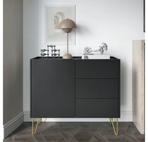 Lomadox Sideboard HERMOSILLO-160 in Graphit mit Marmoroptik - Elegantes Sideboard mit 3 grifflosen Schubladen, ideal für stilvolle Aufbewahrung. Mit melaminharzbeschichteter Oberfläche für Langlebigkeit und einfache Pflege. Maße: 97 cm breit, 37 cm tief.