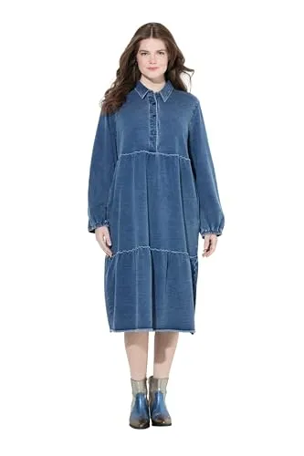 Ulla Popken Plus Size Sweatkleid mit Volants und Hemdkragen - Bequemes Sweatkleid in A-Linie mit seitlichen Nahttaschen und modernen Volantstufen. Aus weichem Baumwollsweat mit hochwertiger Indigofärbung für einen lässigen Look.