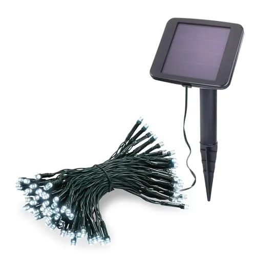 Esotec Solar Lichterkette, 10m, 100 LEDs, kaltweiß, Zuleitung 2m, Akku, Solarmodul, Erdspieß, Außenlichterkette, Partylichterkette, Hochzeitsdeko, Garten, Terrasse, außen, winterfest, 102169