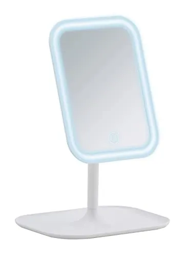 WENKO LED-Standspiegel Bertiolo, dimmbarer Kosmetikspiegel mit LED-Beleuchtung, Schminkspiegel schwenkbar, ideales Schminken & Rasieren, Touchfunktion, batteriebetrieben, 21 x 30 x 16,5 cm