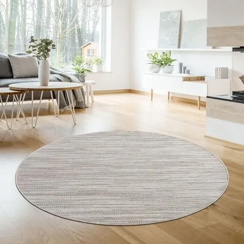 TT Home In-& Outdoorteppich Wetterfest Terrasse Balkon Esszimmer Modernes Boho Design Skandinavisch Meliert Unifarben, Farbe:Hellcreme Beige, Größe:120 cm Rund