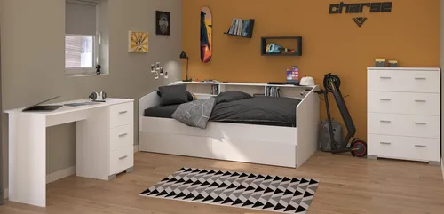 Parisot Jugendzimmer-Set Sleep 44 - 4-tlg. in Weiß - Vielseitiges 4-teiliges Kinderzimmer-Set mit Stauraumbett, Schreibtisch und Kommode. Ideal für modernes Wohnen und optimalen Stauraum. Einfache Selbstmontage!