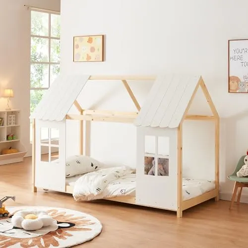 [en.casa] Kinderbett Tostedt - Hausbett aus massiver Kiefer 90x200cm - Betten: Halboffenes Design für ein magisches Schlummerparadies, das Geborgenheit und Abenteuer in jedem Kinderzimmer vereint.