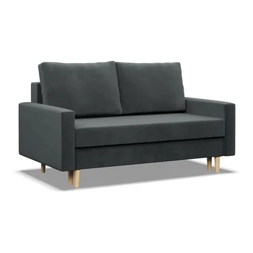 Mebligo - Sofa Mit Schlaffunktion und Bettkasten Blank, 2 Sitzer 152 cm Breit, Schlafsofa Mit Bonellfederkern im Sitz, Ausziehbares Couch auf Holzfüßen, Wohnzimmer - Dunkelgrau