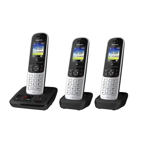 Panasonic KX-TGH723GS - Schnurlostelefon mit Anrufbeantworter 3er Set, strahlungsarm und mit Farbdisplay für modernen Komfort