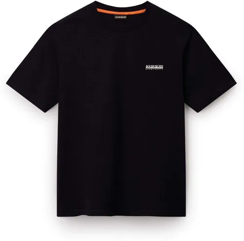 Napapijri S-small Box Softshell Shirt in Schwarz - Herren Relaxed Fit Shirt aus verantwortungsvoll angebauter Baumwolle, mit attraktivem Print und Stickerei – ideal für lässige Outfits.