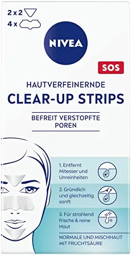 NIVEA Clear-Up Strips - Hautverfeinernde Mitesserentferner (6 Stück) - Sonstige – Die NIVEA Clear-Up Strips entfernen effektiv Mitesser und Unreinheiten, für ein strahlend frisches Hautbild dank sanfter Fruchtsäureformel.
