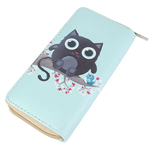 DonDon Geldbörse Damen mit Reißverschluss Portemonnaie Geldbeutel Damen Kinder Mädchen Muster Katze hellblau schwarz