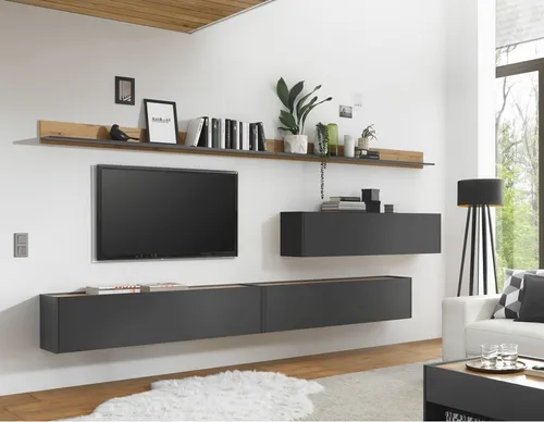 Lomadox Hängende TV Wohnwand in Anthrazit mit Wotan Eiche Akzenten - Moderne TV Wohnwand in anthrazit mit Wotan Eiche Nb.; bietet hochwertigen Stauraum und ein griffloses Design für ein elegantes Ambiente. Strapazierfähige Oberflächen und einfache Montage.