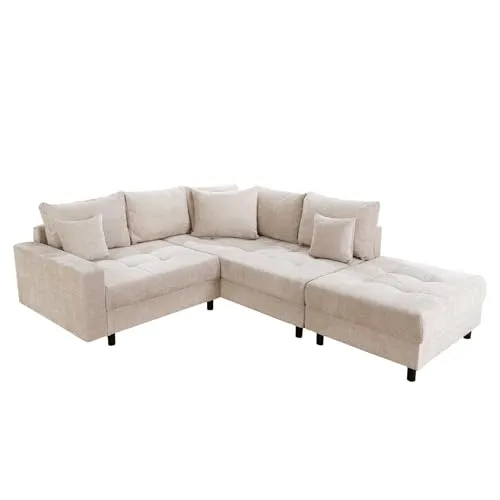 Riess-Ambiente Ecksofa KENT 220cm champagner beige - Elegantes Ecksofa KENT mit hochwertiger Federkern-Polsterung für maximalen Sitzkomfort. Inklusive Hocker und Kissen – flexibel montierbar und ideal für jedes Wohnzimmer.