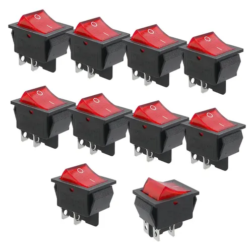10x Kontroll-Wippenschalter 30x22mm 2-polig EIN/AUS 16A/250V, LED beleuchtet rot