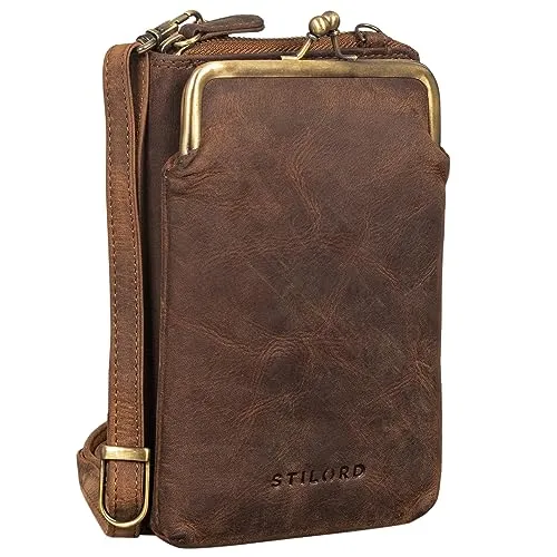 STILORD 'Brea' Echt-Leder Vintage Damen-Geldbörse mit Handytasche zum Umhängen mit Kiss-Lock-Verschluss, NFC und RFID Schutz ideal als Umhängetasche Crossovertasche, Farbe:mittel - braun