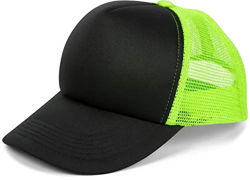 styleBREAKER Unisex 5-Panel Trucker Cap mit Mesh-Einsatz | verstellbares Basecap mit Click Snap Verschluss | luftiges Netz Cap für Damen und Herren, Farbe:Schwarz-Neongrün