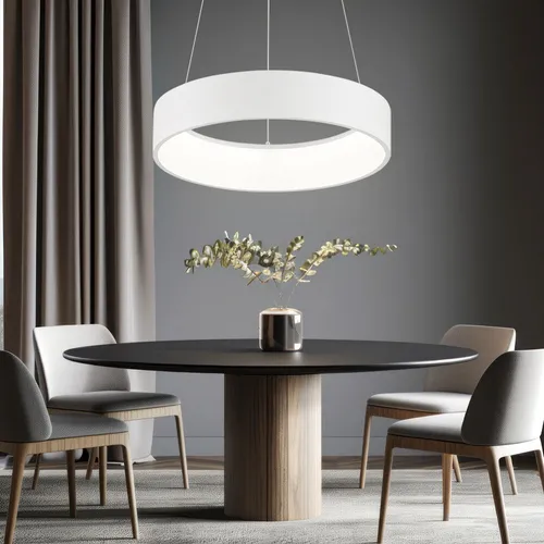 Wofi LED Pendelleuchte dimmbar, höhenverstellbar – moderne Esstischlampe in Weiß - Lampen: Elegante, dimmbare Pendelleuchte mit beleuchtetem Baldachin und hervorragender Lichtleistung (2500 Lumen) für stilvolle Akzente über Esstisch oder Küchenblock.