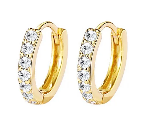 LÖB Paar Creolen Damen Creolen 925 Silber Gold Zirkonia Glitzer Strass Steine 13mm Rund (Geschenke für Frauen Beste Freundin Mutter Mama Damen zum Geburtstag Weihnachten Weihnachtsgeschenke, Inkl. Schmuckbox), Klappcreolen Kreolen Ohrringe Klein Kurz Vergoldet Brautschmuck Braut