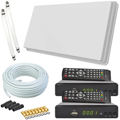 Selfsat Flachantenne H30 D2+ mit 2 HD Receivern - SAT-Antenne für 2 Teilnehmer, HDTV-fähig mit 4K UHD Empfang, inklusive 20m Kabel und Fensterhalterung - ideal für klare TV-Qualität.