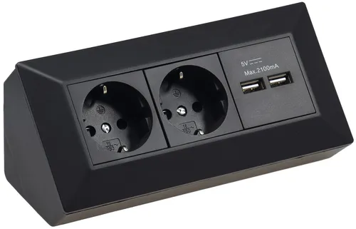 DELPHI 2-fach Steckdosenblock mit 2x USB, schwarz, 250V~ / 16A - Praktischer Steckdosenblock mit 2 Schutzkontakt-Steckdosen und 2 USB-Ladebuchsen in elegantem Schwarz für vielseitige Nutzung.