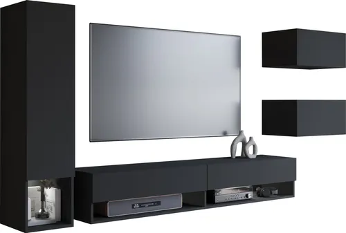 Minio, Wohnwand, „AMY“, 4-teilig, wandhängend, schwarz matt Farbe