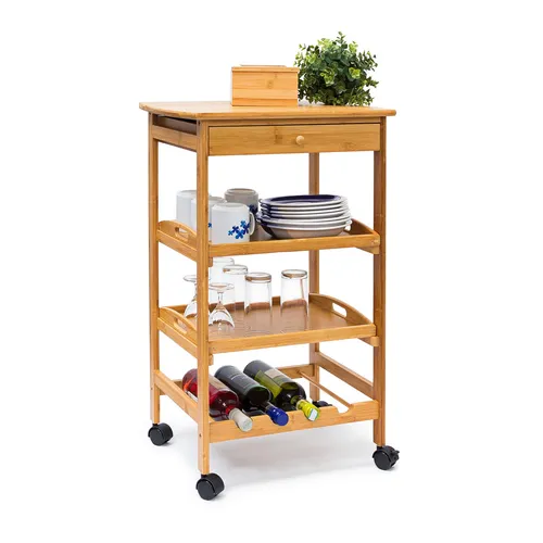 Küchenrollwagen aus Holz - Servierwagen Trolley - Küchenwagen mit Schubfächern und Weinregal, ideal für die Landhausküche. Aus 80% Bambus, 80 cm hoch und praktisch für Frühstück und mehr.