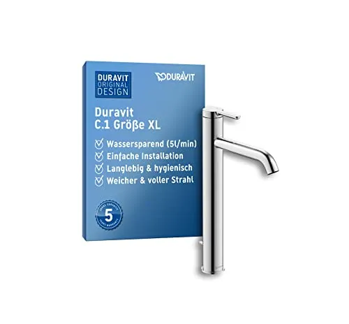 Duravit C.1 XL Waschtischarmatur - Eleganter Wasserhahn für Ihr Bad - Touch-On-Wasserhahn für Badezimmerwaschbecken mit erhöhtem Auslauf für mehr Bewegungsfreiheit und einem spritzfreien Wasserstrahl. Wassersparend mit max. 5 l/min Durchflussmenge.