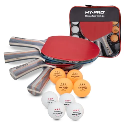 Hy-Pro Tischtennis-Set – 4 Schläger, 8 Bälle, Tragetasche, 3-Sterne-Bälle, Tischtennis-Schläger, Tischtennis-Set, Hochwertige Tischtennisschläger und Bälle
