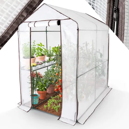Arebos Foliengewächshaus Premium 120x186x190 cm - Gewächshaus mit 2 Ebenen, ideal für Hobbygärtner. Bietet 2,2 m² Platz, stabile Konstruktion und aufrollbaren Zugang für optimale Wachstumsbedingungen.