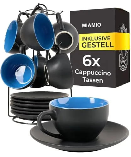 MiaMio Cappuccinotasse Set – Edles Design mit blauer Innenseite - Cappuccinotassen Set mit 6 stilvollen Tassen in matt-schwarz und buntem Innenleben. Ideal zum täglichen Gebrauch, mikrowellenfest und spülmaschinenfest, inklusive praktischem Ständer.