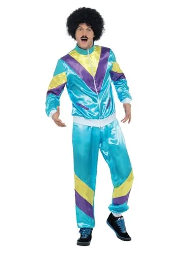 Smiffys 80er Hochmodischer Jogginganzug Kostüm, Blau - Kostüm-Outfits für Erwachsene, 80er Jahre Jogginganzug mit Jacke und Hose, ideal für Karneval und Themenpartys, leichtes Material für hohen Tragekomfort und einfaches An- und Ausziehen.