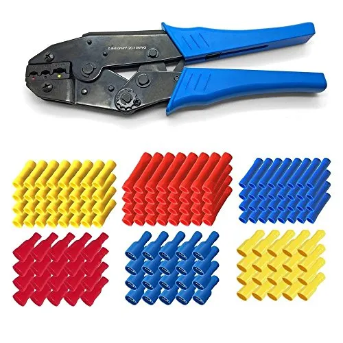 ARLI Crimpzange Set mit 300 Stossverbindern und Flachsteckhülsen - Hochwertige Crimpzange mit Ratschenfunktion für zuverlässige Verbindungen. Ideal für isolierte Steckverbinder, kompakt und einfach zu bedienen. Set enthält 300 Flachsteckhülsen und Stossverbinder in verschiedenen Farben.