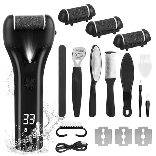 Hornhautentferner Elektrisch, Pediküre Set Fußpflege Mit 3 Ersatzrollen, IPX7 Wasserdicht, LED-Anzeige & Licht, Maniküre & Pediküre