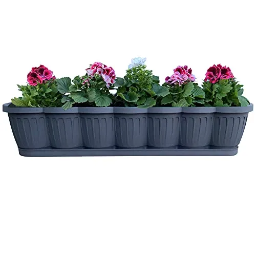Hossi's Wholesale Blumenkasten 80cm, Balkonkasten mit Wasserspeicher, Pflanzkasten Anthrazit im Wellendesign mit passendem Bewässerungsuntersetzer