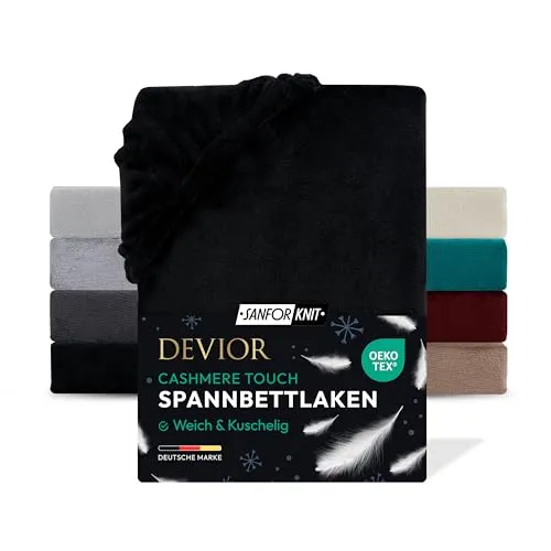 Devior Cashmere Touch Spannbettlaken, Schwarz, 180x200-200x220 cm - Kuscheliges Spannbettlaken aus Cashmere Touch Mikrofaser mit 190 g/m² für optimale Wärme. Ideal für Boxspring- und Wasserbetten, passt bis 32 cm Höhe. Pflegeleicht und in verschiedenen Größen und Farben erhältlich.