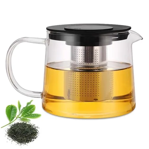 GlasTeekanne, 1,5L Hitzebeständig Glaskanne mit Herausnehmbarem Edelstahl-Teesieb und Deckel Teekanne mit Siebeinsatz Teekanne Thermo für blühenden Tee und losen Blättertee