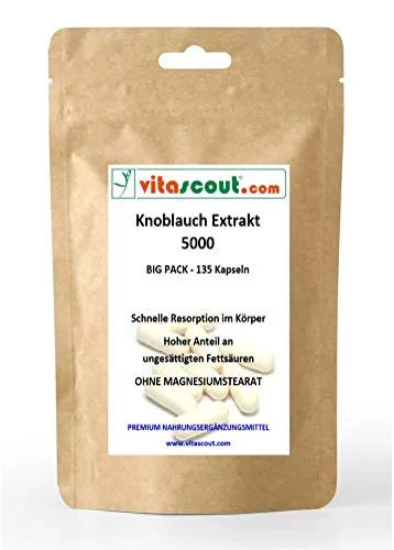 Knoblauch 135 Kapseln je 5000mg (=Extrakt 50mg 100:1) HOCHDOSIERT / Garlic - OHNE MAGNESIUMSTEARAT - PREMIUMQUALITÄT von VITASCOUT®