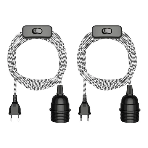 ledscom.de 2 Stück Textilkabel LEKA, Stecker, Schalter, schwarz, weiß, gezackt, 3 m, Lampen-Fassung, 1x E27 max. 60W