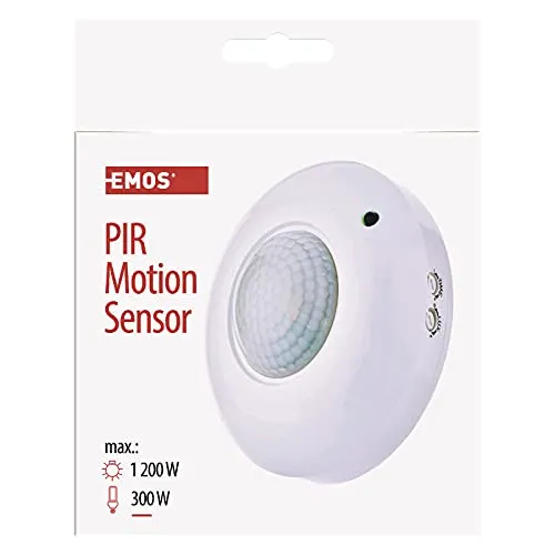 EMOS Infrarot-Bewegungsmelder Aufputz für Innen, Arbeitsfeld 360°, 6m Reichweite, Empfindlichkeit 3-2000 Lux, einstellbare Leuchtdauer, Installationshöhe 2,2 - 4 m, Weiß