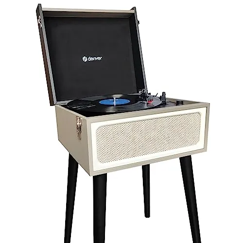Denver VPR-250 Plattenspieler mit Bluetooth - Vollautomatischer Riemenantrieb-Plattenspieler mit Bluetooth für kabelloses Streaming. Integrierte Lautsprecher und USB/SD-Steckplatz für Wiedergabe/ Aufnahme machen ihn zum perfekten Musikbegleiter.