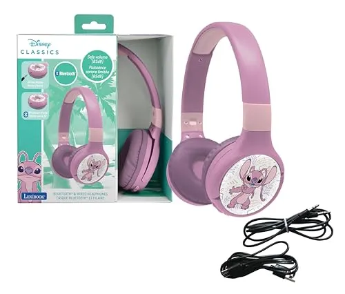 Lexibook Disney Stitch Angel - 2-in-1 Bluetooth Kopfhörer - Kopfhörer mit kabelloser Bluetooth 5.3 Verbindung und kabelgebundenem Modus, ideal für Kinder. Mit 85 dB Lautstärkebegrenzung für sicheren Musikgenuss.