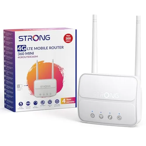 STRONG N300 Mbit/s WLAN 4G Router, 4G Cat4 LTE Netzwerk, 100Mbit/s LAN-Port, Abnehmbare Antennen, SIM-Karten-Router, Unterstützt bis zu 32 Geräte, Plug & Play, USB 3.0, Weiß (4GROUTER360M)