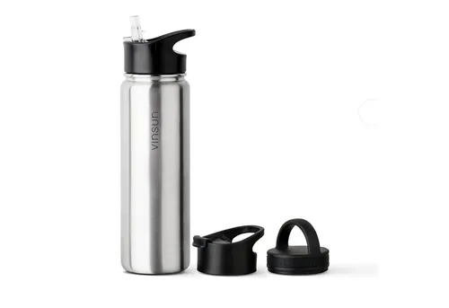 Vinsun Isolierflasche Edelstahl Trinkflasche 750ml, 3 Deckel, auslaufsicher, doppelwandig, 3 Deckel - Strohhalm, Trinköffnung, Schraubverschluss