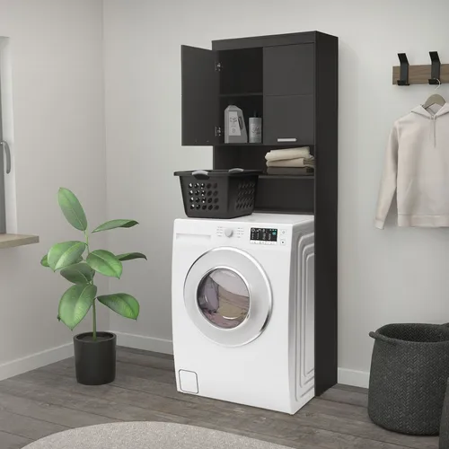 ML-Design Waschmaschinenschrank mit 2 Türen und 2 offenen Fächern - Badezimmerschrank mit viel Stauraum für Waschmaschine und Pflegeartikel, elegant und platzsparend, ideal für kleine Räume.