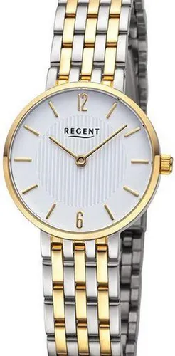 REGENT Damenuhr Edelstahl Bicolor F-1486 - Elegante Armbanduhr für Damen mit superflachem Edelstahlgehäuse, wasserdicht bis 5 ATM und feinem Gliederarmband in Bicolor-Design.