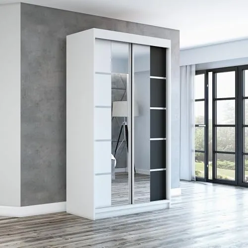 Schwebetürenschrank ERA 120 cm mit Spiegel - Moderner 2-türiger Schwebetürenschrank in Weiß/Schwarz, ausgestattet mit hochwertigem Schiebetürsystem und einem eleganten Spiegel, ideal für Ihr Schlafzimmer.