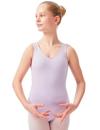 tanzmuster Ballett Trikot Mädchen ärmellos - Mona - Baumwolle - Lavendel 116/122 - geraffter Ausschnitt - Tanz Body - Ballettkleidung für Kinder