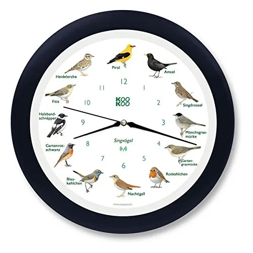 KOOKOO Singvögel Schwarz-Blau: Die Singende Vogeluhr mit 12 heimischen Singvögeln - Wanduhren mit echten Vogelstimmen, die zur vollen Stunde singen; inkl. hochwertigen Naturaufnahmen und Illustrationen. Lichtsensor sorgt für Ruhe in der Nacht.