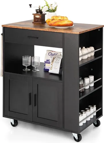GOPLUS Küchenwagen, Servierwagen mit Schublade, Zweitüriger Schrank, Dreistufiges Gewürzregal, Wasserfest, Räder mit Bremsen, Rollwagen Küchenregal (Schwarz)