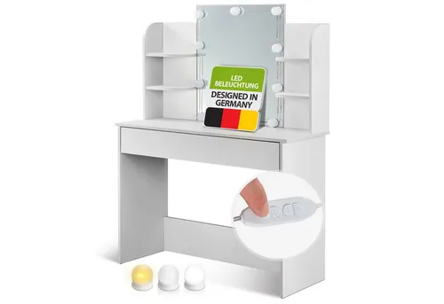 Juskys Schminktisch Bella mit LED Beleuchtung - 108x40x140 cm, eleganter Kosmetiktisch mit großem Spiegel und viel Stauraum