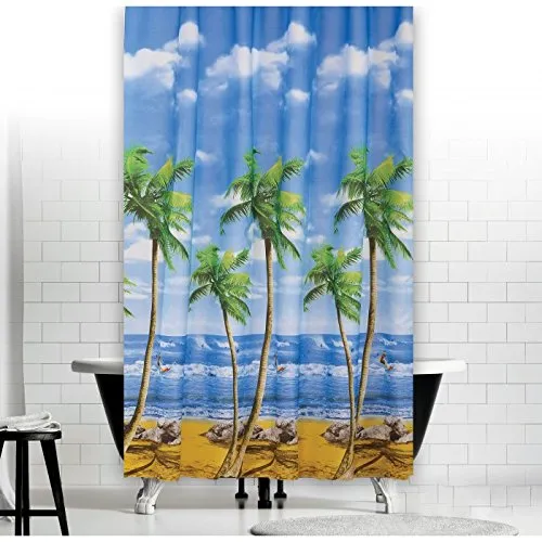KS Handel 24 Textil DUSCHVORHANG Modell PALMENSTRAND Weiss BLAU GRÜN GELB BRAUN 240x180 cm INKL. QUALITÄTSRINGE 240 x 180!